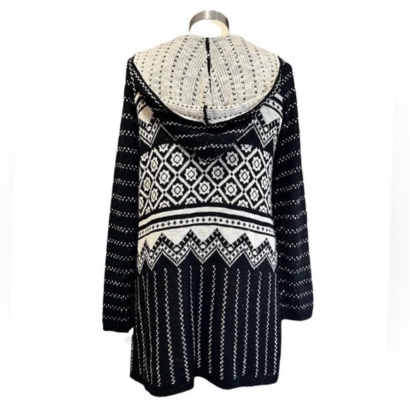One World Long Hooded Cardigan Black & White Sweater Women’s size Medium - Picture 2 of 7